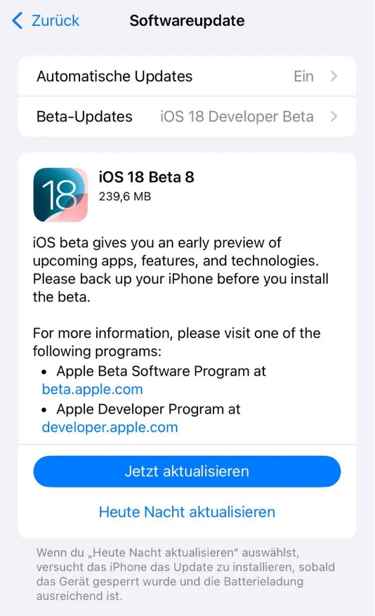 新郑苹果手机维修分享苹果 iOS / iPadOS 18 开发者预览版 Beta 8 发布 